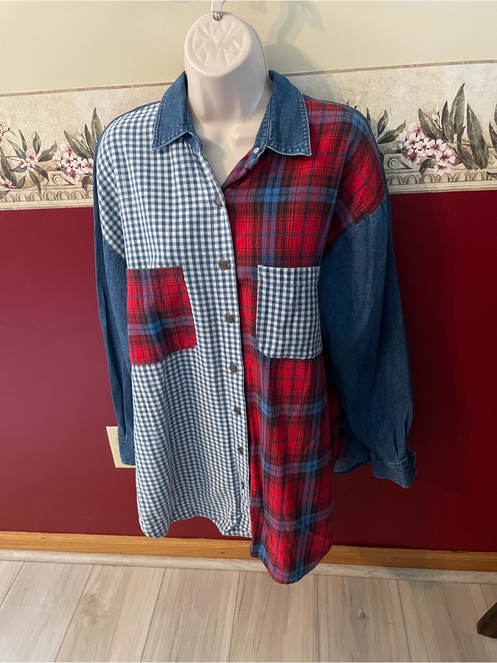 Sporto Red Plaid and Blue Gingham Mixed-Panel Button-Down